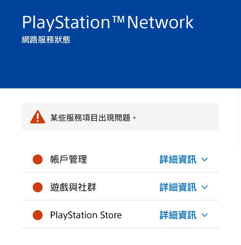 根据PlayStation Network状态页面，索尼的PSN目前处于瘫痪中，这意味着玩家目前无法登录或创建 PlayStation Network 帐户、启动游戏、应用程序或网络功能、获取PlayStation Video内容或在PlayStation Store购买产品