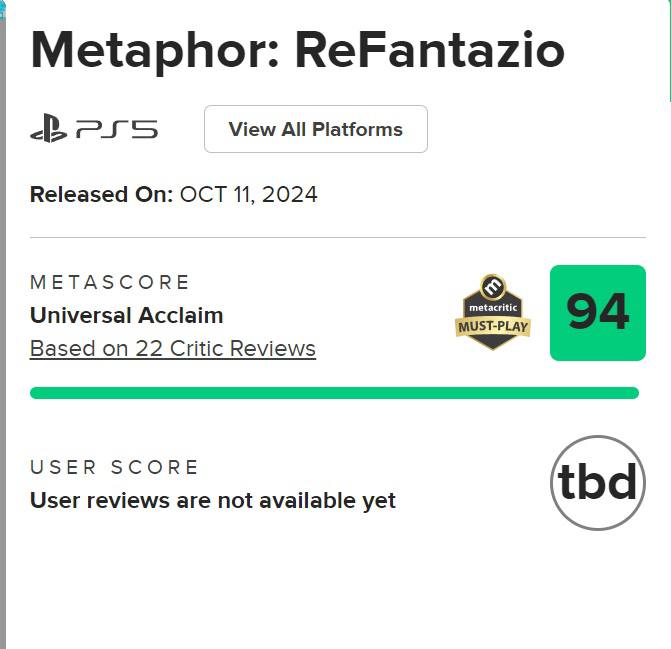 《暗喻幻想 ReFantazio》MC媒体评分出炉，PS5版20家媒体均分93分，XBOX版13家媒体均分91分，PC版8家媒体均分95分