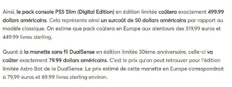 billbil_kun预估了「PLayStation 30周年纪念版」产品的定价，他表示，「PS5 Slim（数字版） 30周年纪念版」捆绑包预估售价499.99美元，在欧洲的价格约为519.99欧元和449.99英镑