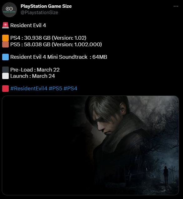 据PlayStation Game Size消息，《生化危机4：重制版》PS5版容量约58GB，PS4容量约为31GB，将于明日开启预载