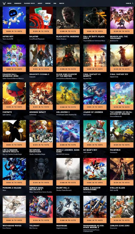 #TGA2024The Game Awards 2024 玩家之声第一轮投票正式开启，第一轮共有 30 款游戏加入战局：《宇宙机器人》《小丑牌》《黑神话：悟空》《使命召唤：黑色行动 6》《龙腾世纪：影障守护者》《七龙珠 电光炸裂！ZERO》《龙之信条 2》《艾尔登法环：黄金树幽影》《最终幻想 7 重生》《最终幻想 14》《堡垒之夜》《原神》《绝地潜兵 2》《英雄联盟》《塞尔达传说：智慧的再现》《如龙 8》《暗喻幻想》《决胜巅峰》《无人深空》《幻兽帕鲁》《女神异闻录 3 Reload》《地狱之刃 2：塞娜的献祭》《寂静岭 2 重制版》《索尼克 x 夏特 世代重启》《剑星》《鸣潮》《无畏契约》《星际战甲》《战锤 40000：星际战士 2》《绝区零》TGA投票地址🔗BliBili投票地址🔗