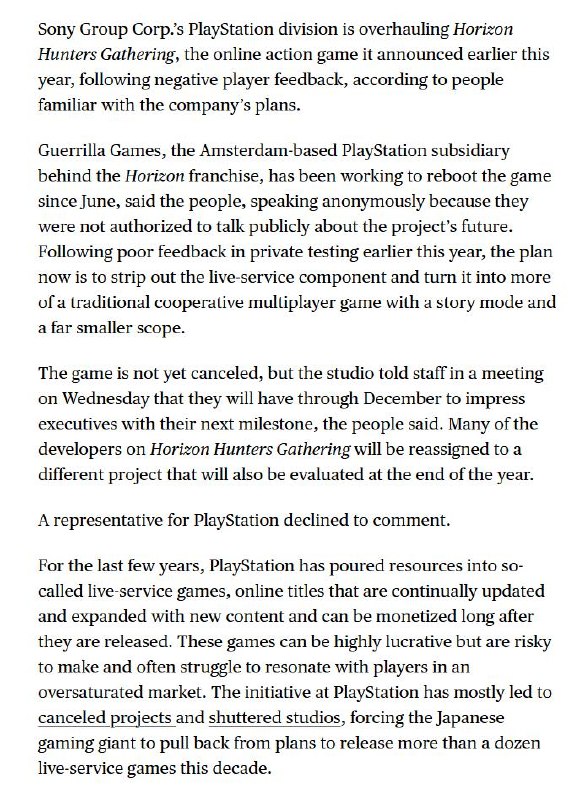彭博社记者Jason Schreier报道称，Guerrilla的下一部单人《地平线》新作可能仍需数年才能推出他透露，Guerrilla此前将大部分精力投入到多人游戏《地平线：猎人集结》的开发中，仅留有一小部分人在规划下一款单人《地平线》游戏