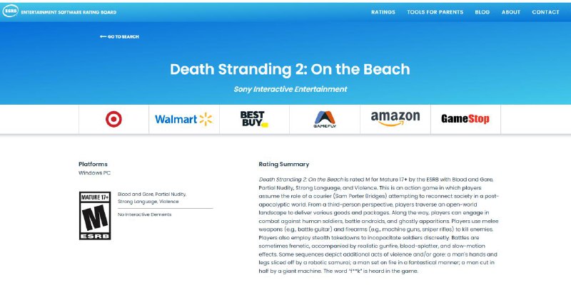 《死亡搁浅2：冥滩之上》PC版本现已通过ESRB评级（M级/17+）