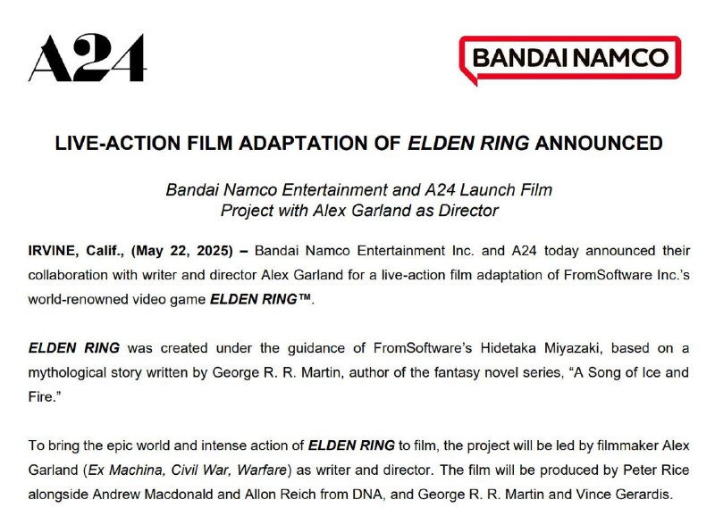 万代南梦宫宣布将与A24合作推出《艾尔登法环》的真人电影，Alex Garland将担任导演