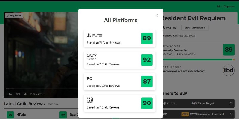 《生化危机安魂曲》媒体评分已解禁，本作目前在MC站PS5版均分89，收录71家媒体测评
