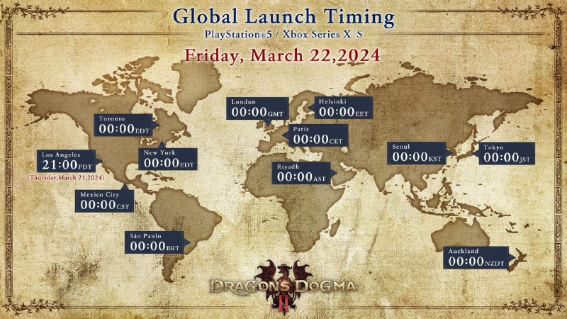 卡普空公布了《龙之信条2》全球解锁时间，PS5 、Xbox Series X|S版北京时间3月22日0点解