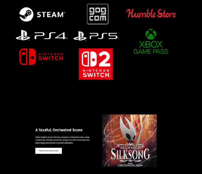 Team Cherry对《空洞骑士 丝之歌》官网页面进行了修改，添加了 PC/PS4/PS5/Xbox Game Pass/Switch2 等平台支持的标识，这也是多年来官方网站的首次更新