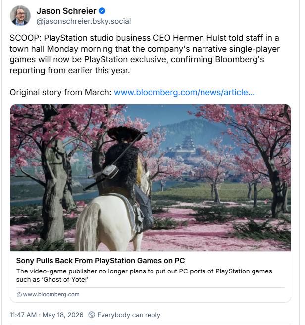 彭博社记者Jason Schreier今日报道，SIE工作室业务集团首席执行官Hermen Hulst今天在公司全体员工大会上表示，SIE将不再在 PC 上发布其叙事性单人游戏