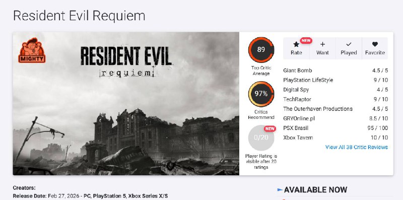 《生化危机安魂曲》媒体评分已解禁，本作目前在MC站PS5版均分89，收录71家媒体测评
