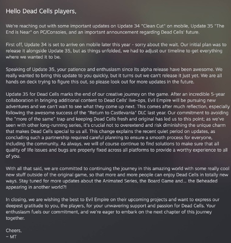 《死亡细胞》官方宣布即将到来的更新35将会是5年来的最后一个大型更新