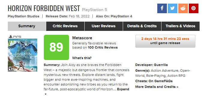 《地平线 西之绝境》MC媒体评分出炉，均分89分（共收录100家媒体），各家主流媒体详细评价如下：VGC：5/5Game Informer：9.25/10IGN：9/10GamesRadar+：4.5/5Wccftech：9/10VG247：4/5Gamespot：8/10IGN评语：《地平线 西之绝境》集迷人的战斗、顶级的生物与角色设计和迷人的风景与一身，绝对是PS5强大机能的完美展示