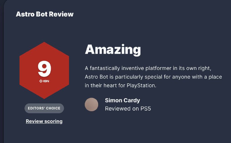 PS5独占游戏《宇宙机器人》目前媒体评分已解禁，游戏的Metacritic均分为94分，共收录71家评测，71家媒体均为好评