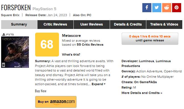 SE夜光组新作动作RPG《Forspoken》媒体评分解禁，目前M站均分68分，共有55家媒体参与，其中IGN打出了60分并评价：虽然跑酷和战斗很有趣，但是无法支撑起本身简单的开放世界和平凡的剧情