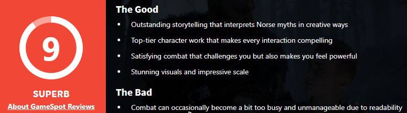 《战神 诸神黄昏》全球媒体评分解禁，IGN 10分、GameSpot 9分，Gameinformer 9.5分，目前MC均分94，收录96家媒体