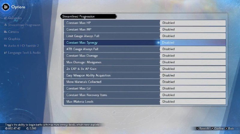 《最终幻想 VII 重生》简化进程特性与“新游戏”更新现已在 PC 和 PS5 上正式推出！- 以 65 级强化魔晶石开始游戏- HP 始终满值- MP 始终满值- 极限槽始终满值- ATB 槽始终满值- 协同槽始终满值- 小游戏中造成最大伤害- 收集更多材料- 魔晶石等级最大化- 2 倍经验值和 3 倍 AP 获取- 造成的伤害始终为 9,999