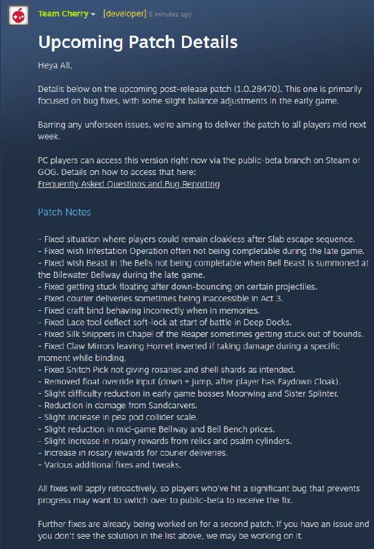 《空洞骑士丝之歌》开发商Team Cherry公布了游戏即将发布的首个补丁的内容