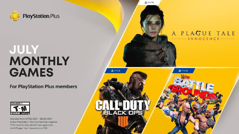 #会免2021年7月会面PS4 COD 黑色行动4PS4 WWE 2K竞技场PS5 瘟疫传说：无罪
