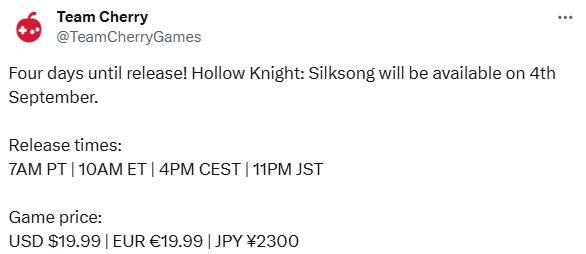 Team Cherry公开了《空洞骑士：丝之歌》的定价：19.99美元/19.99欧元/2300日元，本作将于9月4日登陆PS5、PS4、Xbox Series X|S、Xbox One、NS、NS2、PC，首发加入Game Pass，支持中文