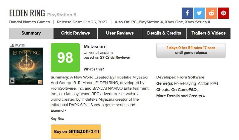 《艾尔登法环》MC媒体评分出炉，均分98分（共收录27家媒体）