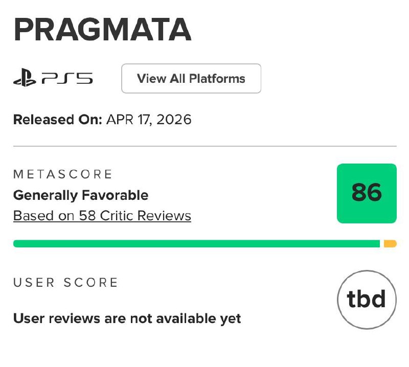 CAPCOM新作《识质存在》MC评分解禁，目前数量最多的PS5版媒体均分86分，PC版均分89分，Nintendo Switch 2版均分93分，XSX版均分86分，部分媒体评分如下：GameSpot ：9TheGamer：9Screen Rant：9Nintendo Life：9PC Gamer：8.7CGMagazine：8.5Noisy Pixel：8.5GamesRadar+：8Push Square：8VGC：8Eurogamer：8IGN：8Game Informer：8Wccftech：7.5Gamereactor UK：7CAPCOM新作《识质存在》MC评分解禁，目前数量最多的PS5版媒体均分86分，PC版均分89分，Nintendo Switch 2版均分93分，XSX版均分86分，部分媒体评分如下：GameSpot ：9TheGamer：9Screen Rant：9Nintendo Life：9PC Gamer：8.7CGMagazine：8.5Noisy Pixel：8.5GamesRadar+：8Push Square：8VGC：8Eurogamer：8IGN：8Game Informer：8Wccftech：7.5Gamereactor UK：7