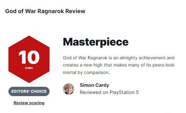 《战神 诸神黄昏》全球媒体评分解禁，IGN 10分、GameSpot 9分，Gameinformer 9.5分，目前MC均分94，收录96家媒体