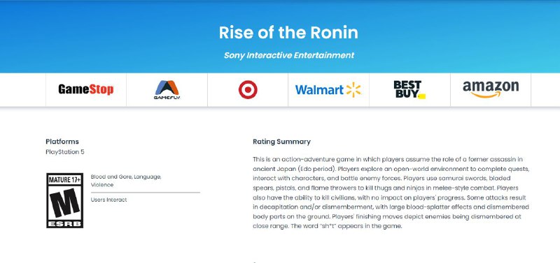 《浪人崛起》ESRB评级为17+“M”级，游戏中包含血腥、暴力、脏话等元素，本作将在2024年3月22日登陆PS5