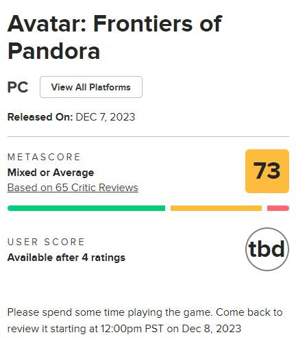 《阿凡达：潘多拉边境》媒体评分现已解禁，目前M站均分为73分，共收录65家媒体，其中IGN7分、Gamespot8分