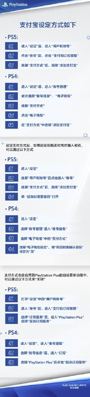 PlayStation中国官博宣布，在PS4/PS5更新为最新版本之后，在PSN国服商店，玩家已可以绑定支付宝作为PSN账户预设支付方式（部分PS4用户需要9月15日之后开始使用支付宝功能）
