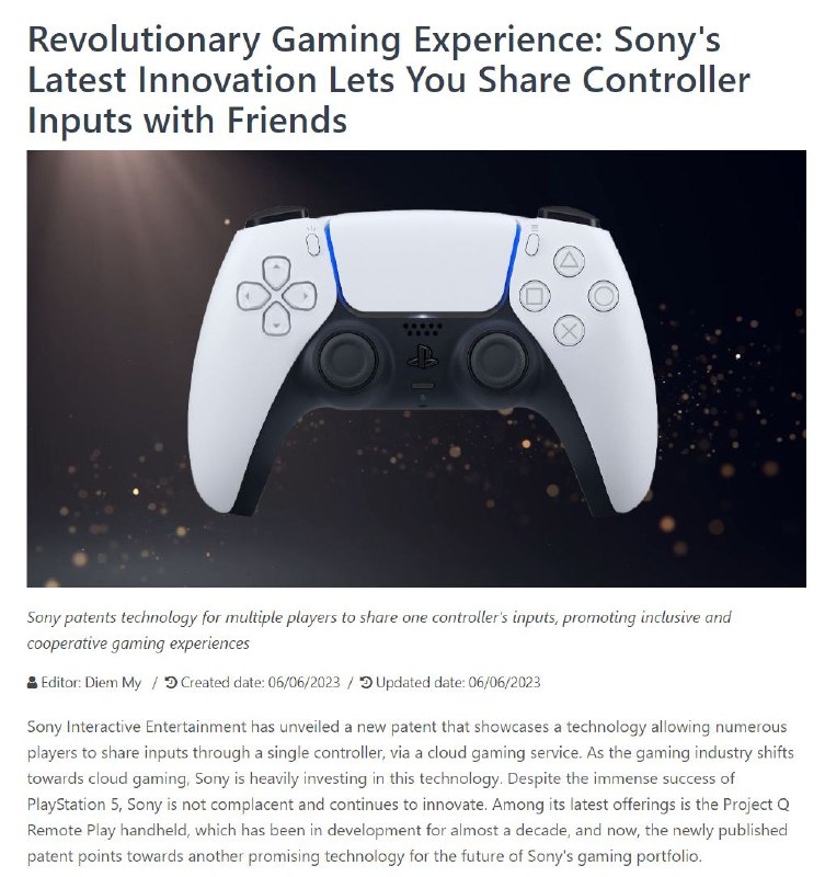 据外媒报道，索尼公开了一项有关PlayStation的专利，这项专利将可以让玩家通过云游戏服务来共享一个手柄，例如让不同的玩家来控制摇杆、按键和扳机键，从而能构建出一些新玩法