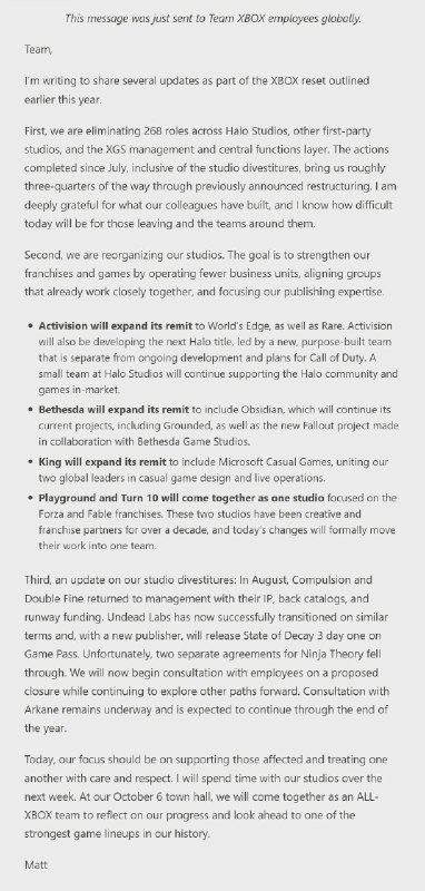 微软宣布，Xbox 将在 Halo Studios、其他第一方工作室，以及 Xbox Game Studios 管理层和中央职能部门裁撤 268 名员工，并重组和合并多个工作室