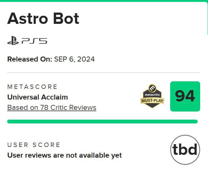 PS5独占游戏《宇宙机器人》目前媒体评分已解禁，游戏的Metacritic均分为94分，共收录71家评测，71家媒体均为好评