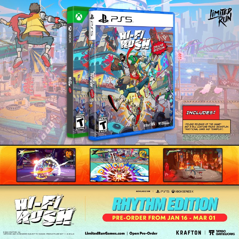 Limited Run Games《完美音浪》PS5和Xbox实体版将于1月16日至3月1日期间开启预售，分为三种版本：Rhythm版售价39.99美元；Smidge Edition版售价69.99美元；Armstrong Edition版售价174.99美元，均包含豪华版游戏和三个服装DLC