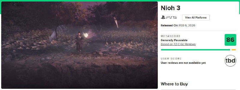 《仁王3》媒体评分解禁，M站收录 72 条媒体评价，均分 86 分