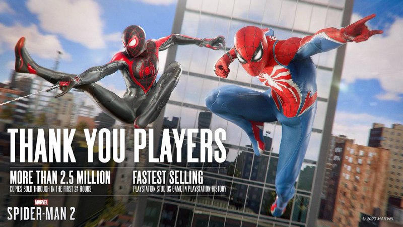 SIE宣布《漫威蜘蛛侠2》发售前24小时内销量超过250万，是PlayStation第一方有史以来销售速度最快的作品