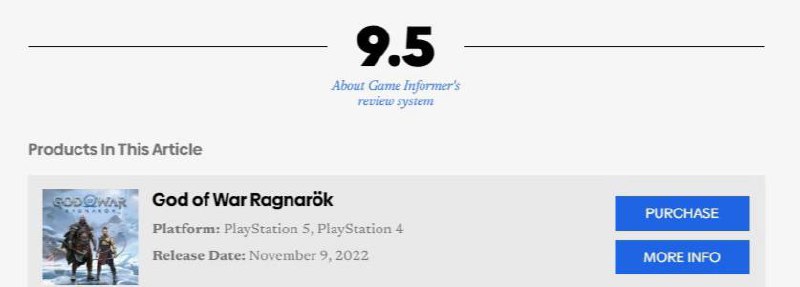 《战神 诸神黄昏》全球媒体评分解禁，IGN 10分、GameSpot 9分，Gameinformer 9.5分，目前MC均分94，收录96家媒体