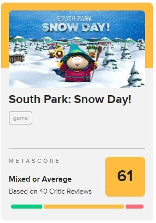《南方公园：下雪天!》MC平均分：PC版61分（当前40家媒体），PS5版63分（当前7家媒体），NS和Xbox版媒体评分数量不足