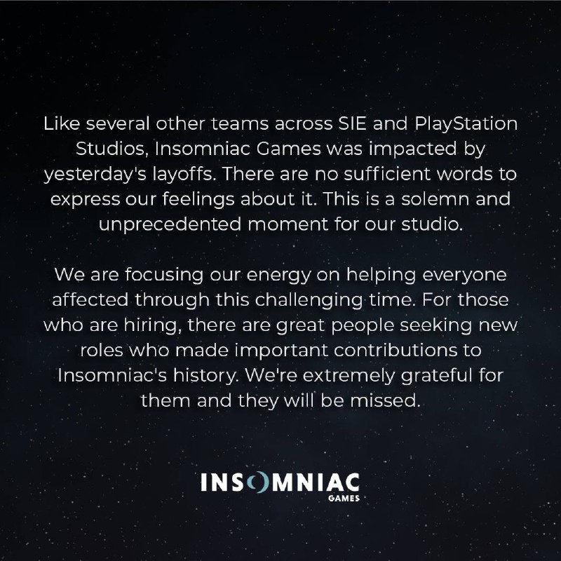 索尼裁员之后，被波及的Insomniac工作室在官推上发表声明：我们正在集中精力帮助每个受影响的人度过这个充满挑战的时期