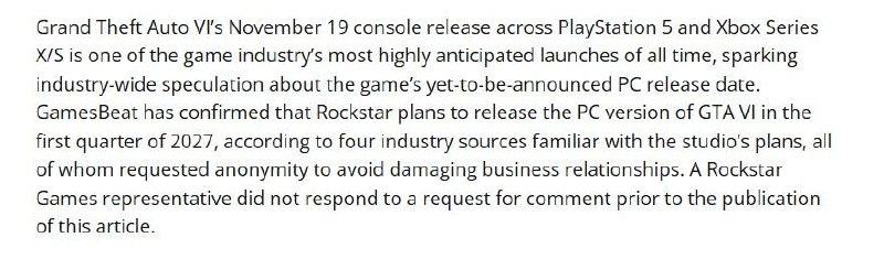 外媒GamesBeat援引四位熟悉R星计划的消息人士证实，R星计划在2027年第一季度发布《GTA6》PC版本