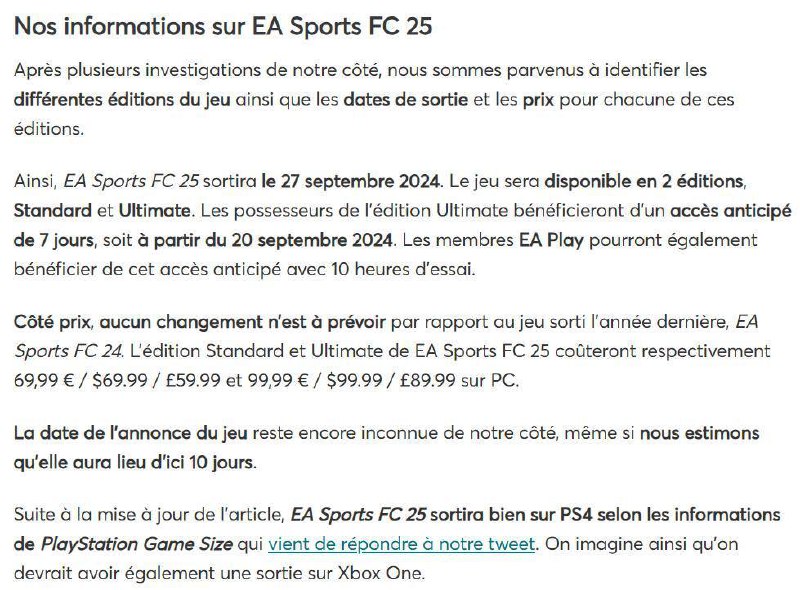 billbil-kun爆料，《EA SPORTS FC 25》将于9月27日发售，预购终极版的玩家可从9月20日起提前体验
