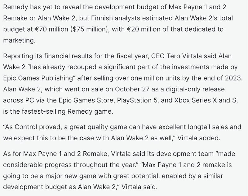 据IGN报道，Remedy正和Rockstar为PS5、PC、Xbox Series X|S重制《马克思·佩恩》1和2签订新的发行协议，由Remedy负责开发，Rockstar为该项目提供全额融资