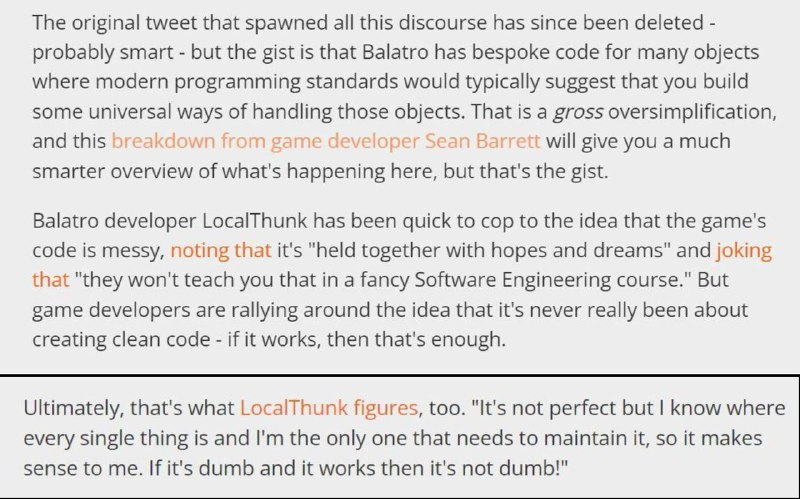 据GamesRadar报道，《小丑牌》的游戏代码在互联网上引起了讨论，被认为是“美丽的噩梦”