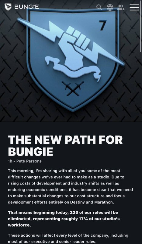 Bungie 宣布员工数量从 1,300 人缩减至 850 人：- 220 人被解雇- 155 人转到索尼- 约 75 人转到新工作室 ​​​