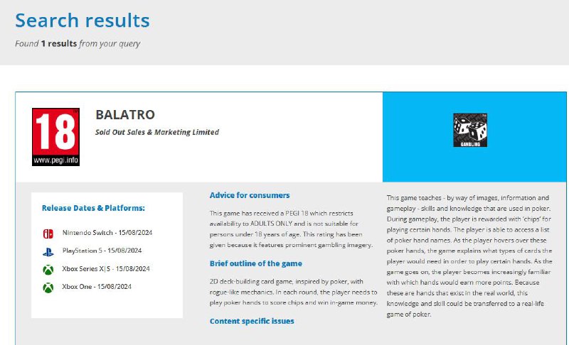 《小丑牌》制作人「Localthunk」近日发推吐槽，表示：因为扑克牌因素，导致PEGI给游戏评级为18+游戏，如果我给游戏中加点微交易、战利品或赌博机制，这样就能把评级降到像《EA Sports FC》那样的3+了