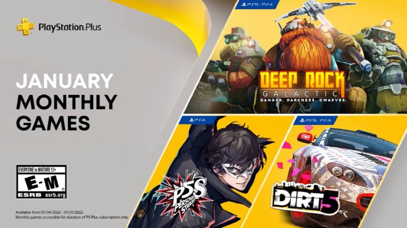 #会免 #欧美服2022年1月欧美服会免现已公布：Dirt 5 | PS4 & PS5Deep Rock Galactic | PS4 & PS5Persona 5 Strikers | PS4领取时间为1月4日开始