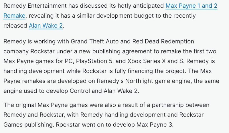 据IGN报道，Remedy正和Rockstar为PS5、PC、Xbox Series X|S重制《马克思·佩恩》1和2签订新的发行协议，由Remedy负责开发，Rockstar为该项目提供全额融资