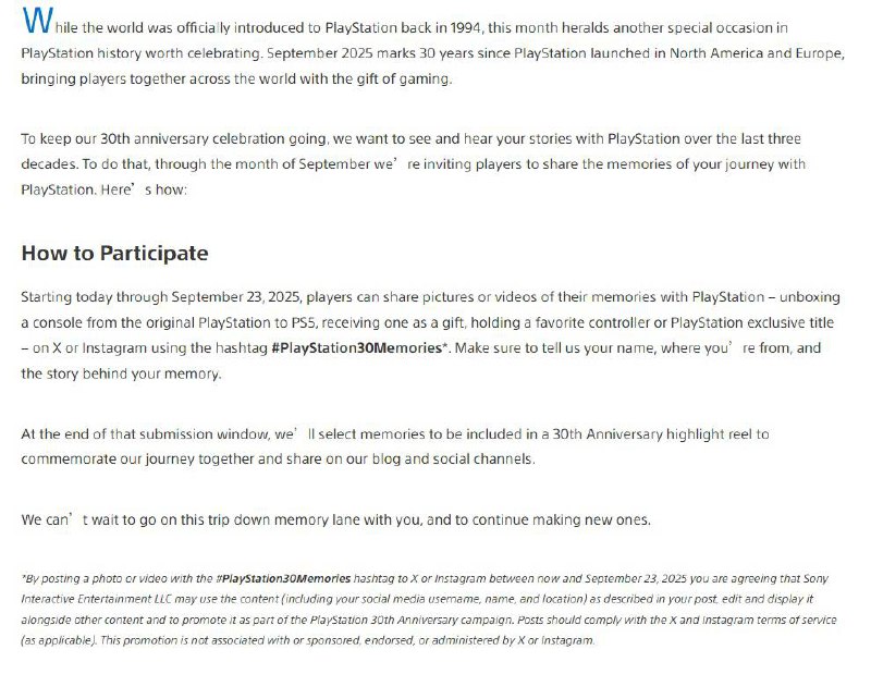 SIE正在向玩家们征集与PlayStation的回忆用以制作「PlayStation 30周年纪念视频」，包括从PS1至PS5的开箱、收到主机作为礼物的瞬间、手持PlayStation手柄或独占游戏的时刻等