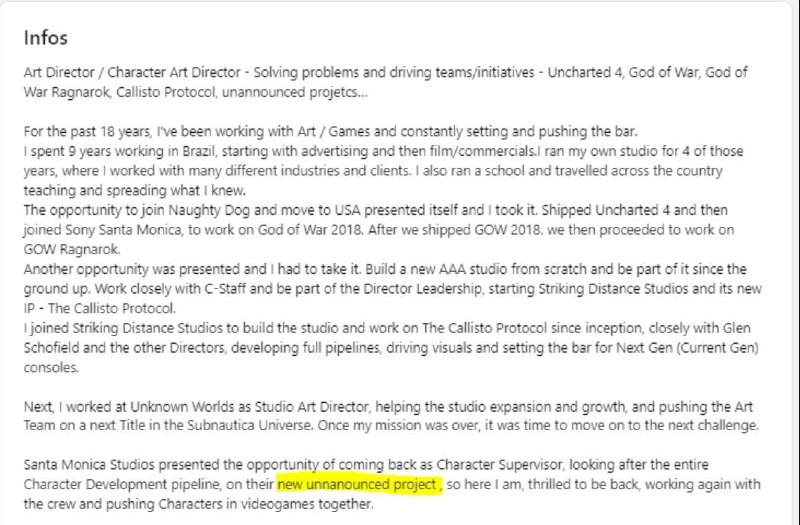 「Glauco Longhi」的个人领英资料透露，圣莫尼卡工作室可能正在开发一款与「战神」无关的新IP