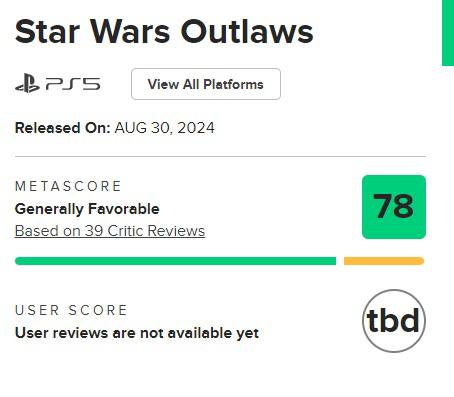 《星球大战：法外狂徒》媒体评分解禁，当前MC平均分：78/PS5版/37家媒体；77/Xbox版/10家媒体；76/PC版/12家媒体