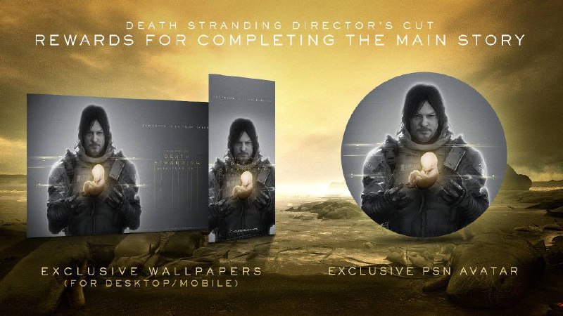 小岛工作室发博表示：所有完成PS5版 死亡搁浅导演剪辑版 主线剧情的用户都将得到一枚特别的桌面背景和PSN头像，可以在邮箱中进行领取