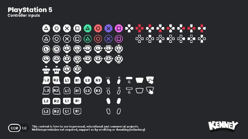 游戏开发材料网站「Kenney」免费发布了一款叫作「输入按钮」的图标包，其中包含SteamDeck、Xbox、Switch、PS4、PS5等游戏手柄图标，图标总数有800多个，提供 PNG 和 SVG 两种文件格式，可用于个人和商业目的
